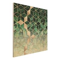 Bilderwelten Holzbild Abstrakt - Quadrat GrÃ¼ne BlÃtter goldene Geometrie