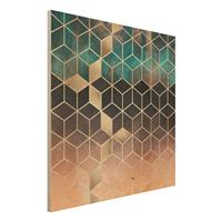 Bilderwelten Holzbild Abstrakt - Quadrat TÃ¼rkis RosÃ© goldene Geometrie