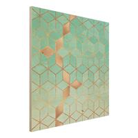 Bilderwelten Holzbild Abstrakt - Quadrat TÃ¼rkis WeiÃŸ goldene Geometrie