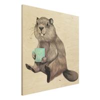 Bilderwelten Holzbild Tiere - Quadrat Illustration Biber mit Kaffeetasse