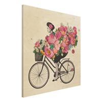 Bilderwelten Holzbild Blumen - Quadrat Illustration Frau auf Fahrrad Collage bunte Blumen