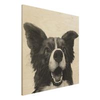 Bilderwelten Holzbild Tiere - Quadrat Illustration Hund Border Collie Schwarz WeiÃŸ Malerei