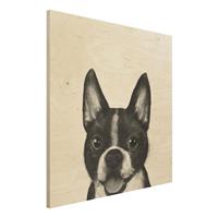 Bilderwelten Holzbild Tiere - Quadrat Illustration Hund Boston Schwarz WeiÃŸ Malerei