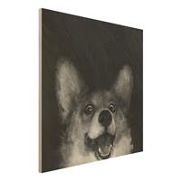 Bilderwelten Holzbild Tiere - Quadrat Illustration Hund Corgi Malerei Schwarz WeiÃŸ