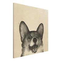Bilderwelten Holzbild Tiere - Quadrat Illustration Hund Corgi WeiÃŸ Schwarz Malerei