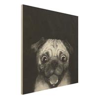 Bilderwelten Holzbild Tiere - Quadrat Illustration Hund Mops Malerei auf Schwarz WeiÃŸ