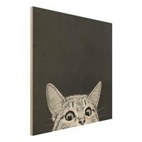 Bilderwelten Holzbild Tiere - Quadrat Illustration Katze Schwarz WeiÃŸ Zeichnung