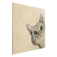 Bilderwelten Holzbild Tiere - Quadrat Illustration Katze Zeichnung Schwarz WeiÃŸ