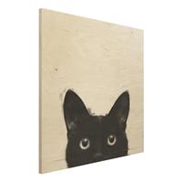 Bilderwelten Holzbild Tiere - Quadrat Illustration Schwarze Katze auf WeiÃŸ Malerei
