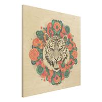 Bilderwelten Holzbild Tiere - Quadrat Illustration Tiger Zeichnung Mandala Paisley