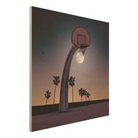 Bilderwelten Holzbild - Quadrat Basketball mit Mond