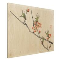 Bilderwelten Holzbild Blumen - Querformat 4:3 Asiatische Vintage Zeichnung KirschblÃ¼tenzweig