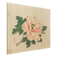 Bilderwelten Holzbild Blumen - Querformat 4:3 Asiatische Vintage Zeichnung Rosa Chrysantheme