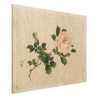 Bilderwelten Holzbild Blumen - Querformat 4:3 Asiatische Vintage Zeichnung Rosa Rose