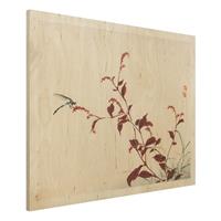 Bilderwelten Holzbild Tiere - Querformat 4:3 Asiatische Vintage Zeichnung Roter Zweig mit Libelle