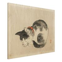 Bilderwelten Holzbild Tiere - Querformat 4:3 Asiatische Vintage Zeichnung Schlafende Katze