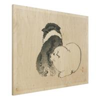 Bilderwelten Holzbild Tiere - Querformat 4:3 Asiatische Vintage Zeichnung Schwarze und weiÃŸe HÃ¼ndchen