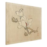 Bilderwelten Holzbild Blumen - Querformat 4:3 Asiatische Vintage Zeichnung WeiÃŸe Magnolie