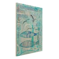 Bilderwelten Holzbild Tiere - Hochformat 3:4 Bunte Collage - Blaue Fische
