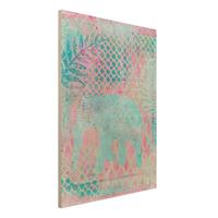 Bilderwelten Holzbild Tiere - Hochformat 3:4 Bunte Collage - Elefant in Blau und Rosa