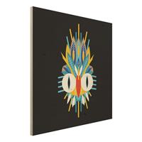Bilderwelten Holzbild Tiere - Quadrat Collage Ethno Maske - Vogel Federn