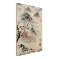 Bilderwelten Holzbild Blumen - Hochformat 3:4 Japanische Aquarell Zeichnung Kirschbaum und Berge