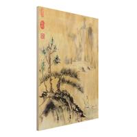 Bilderwelten Holzbild Natur & Landschaft - Hochformat 3:4 Japanische Aquarell Zeichnung Zedern und Berge