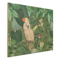 Bilderwelten Holzbild Blumen - Querformat 4:3 Vintage Collage - Kakadu und Kolibri