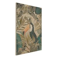 Bilderwelten Holzbild Tiere - Hochformat 3:4 Vintage Collage - Tukan im Dschungel
