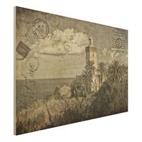 Bilderwelten Holzbild Natur & Landschaft - Querformat 3:2 Vintage Postkarte mit Leuchtturm und Palmen