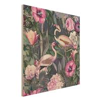 Bilderwelten Holzbild Bunte Collage - Pinke Flamingos im Dschungel