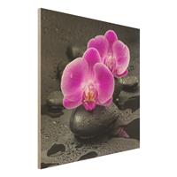 Bilderwelten Holzbild Pinke OrchideenblÃ¼ten auf Steinen mit Tropfen