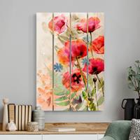 Bilderwelten Holzbild Plankenoptik Blumen - Hochformat Aquarell Blumen Mohn