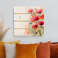 Bilderwelten Holzbild Plankenoptik Blumen - Quadrat Aquarell Blumen Mohn