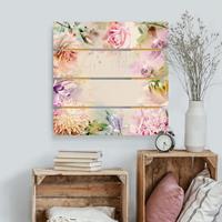 Bilderwelten Holzbild Plankenoptik Blumen - Quadrat Aquarell BlÃ¼tenmix Pastell