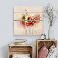 Bilderwelten Holzbild Plankenoptik Blumen - Quadrat Aquarell Rose