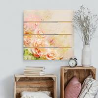 Bilderwelten Holzbild Plankenoptik Blumen - Quadrat Aquarell Rosen Komposition