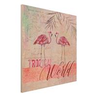 Bilderwelten Holzbild Vintage Collage - Tropical World Flamingos