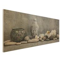 Bilderwelten Holzbild Zen Buddha mit weiÃŸen Orchideen