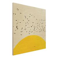 Bilderwelten Holzbild Vogelschwarm vor gelber Sonne