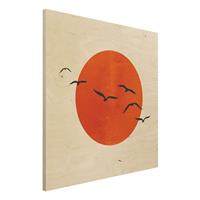 Bilderwelten Holzbild Vogelschwarm vor roter Sonne I