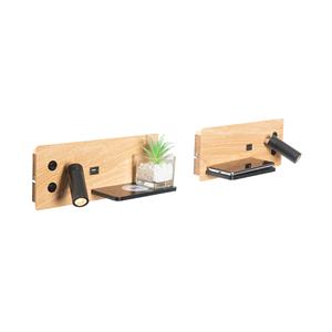 QAZQA 2er Set Wandleuchte Schwarz mit Holz inkl. LED mit USB und Induktionsladegerät - Riza