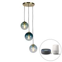 Qazqa - Intelligente Hängelampe Messing inkl. 3 WiFi ST64 mit blauem Glas - Pallon - Naturel