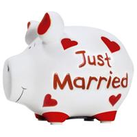 Shoppartners Spaarpot spaarvarken Just Married print 12 cm - Huwelijk/bruiloft cadeau - Dieren spaarpotten varkens/biggen