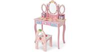 costway Kaptafel met drievoudige spiegel kinder kaptafel en stoel met 3 lades 2 opbergdozen make-up kaptafel voor kinderen Roze