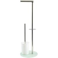 MSV Bergamo Stand WC Garnitur WC Bürste Rollenhalter Toilettenbürste Klobürste Klopapierhalter aus Edelstahl und Glas Weiß 3in1