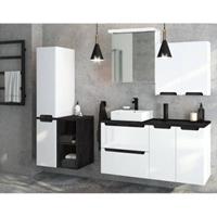 LOMADOX Badmöbel Komplettset Hochglanz weiß mit Beton-Dunkel SOFIA-107 Keramik-Waschtisch & LED-Spiegelschrank, B/H/T ca.  210/200/46 cm