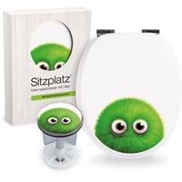 SITZPLATZ Badezimmer-Set Motiv Monster Bobby | WC-Sitz mit Absenkautomatik | Ovaler Toilettendeckel mit Holzkern | Design-Excenterstopfen 38 - 40 mm |