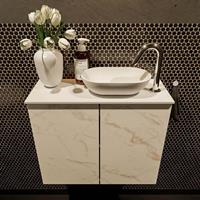 Mondiaz Fowy toiletmeubel 60x50x23cm Carrara mat 1 kraangat wasbak: rechts 2 deuren solid surface met blad Melamine kleur wasbak: wit FOWY59009Carraratalc