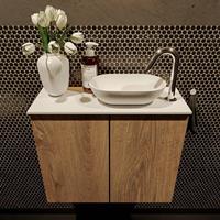 Mondiaz Fowy toiletmeubel 60x50x23cm washed oak mat 1 kraangat wasbak: rechts 2 deuren solid surface met blad Melamine kleur wasbak: wit FOWY59009washedoaktalc